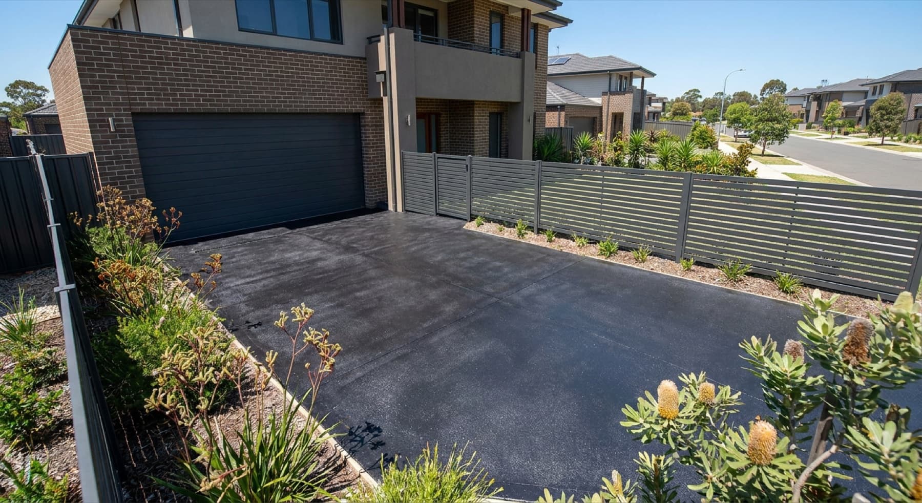 A charcoal colour-sealed driveway matched to a home's dark tones