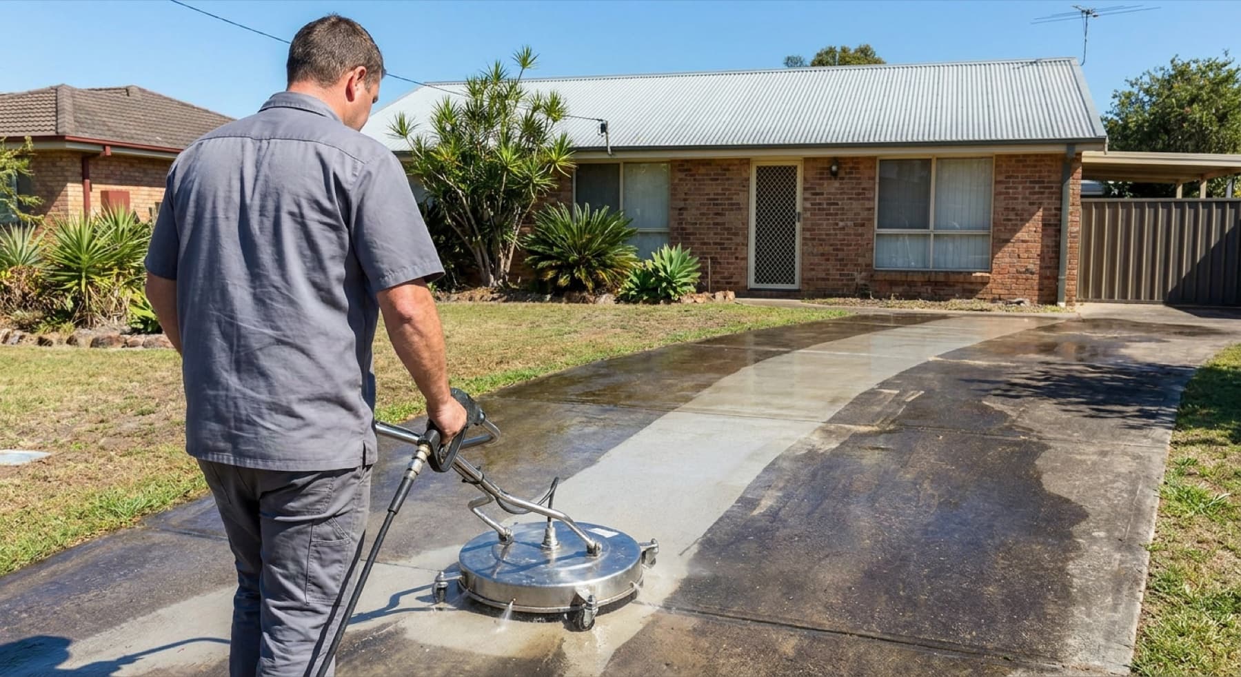 A concrete driveway being cleaned with a rotary surface cleaner