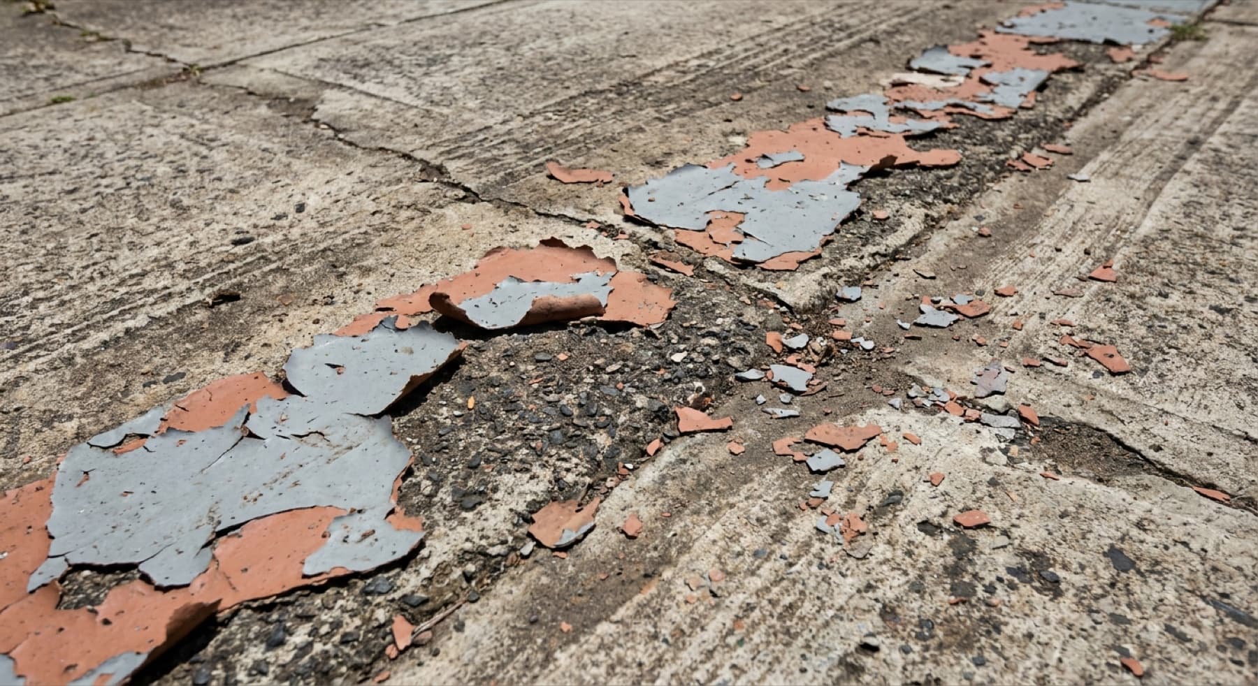 Old driveway paint peeling and flaking off concrete in patches
