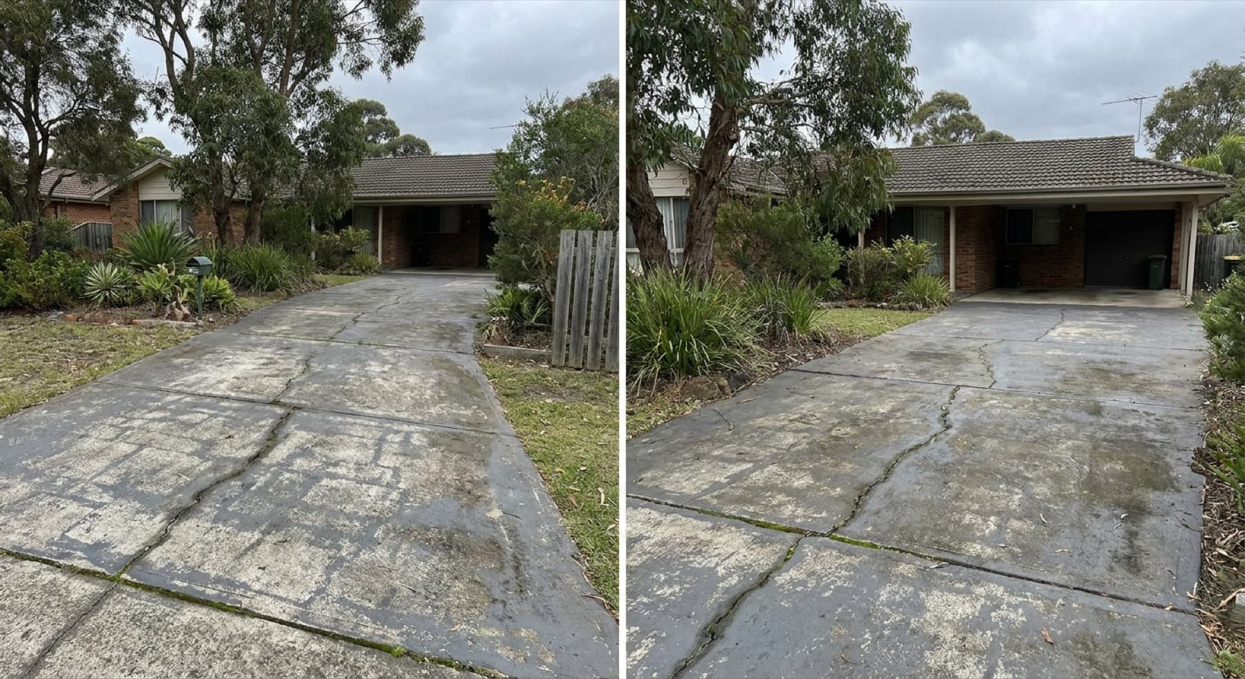A tired, faded stencil driveway being assessed for reseal versus resurface