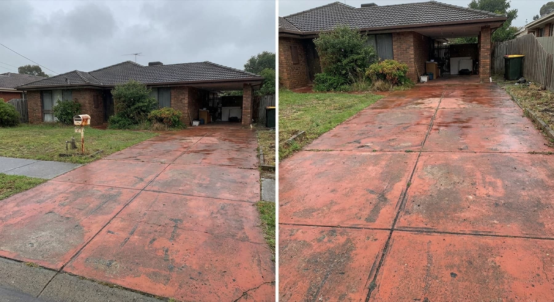 A faded, patchy red stencil concrete driveway before restoration