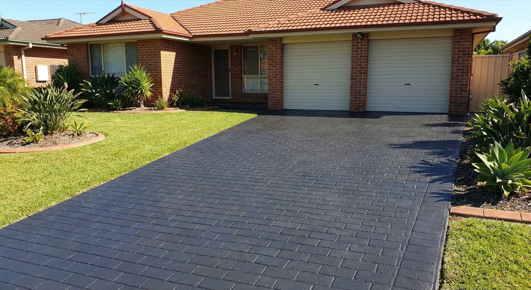 An immaculate colour-sealed charcoal stencil driveway with strong kerb appeal
