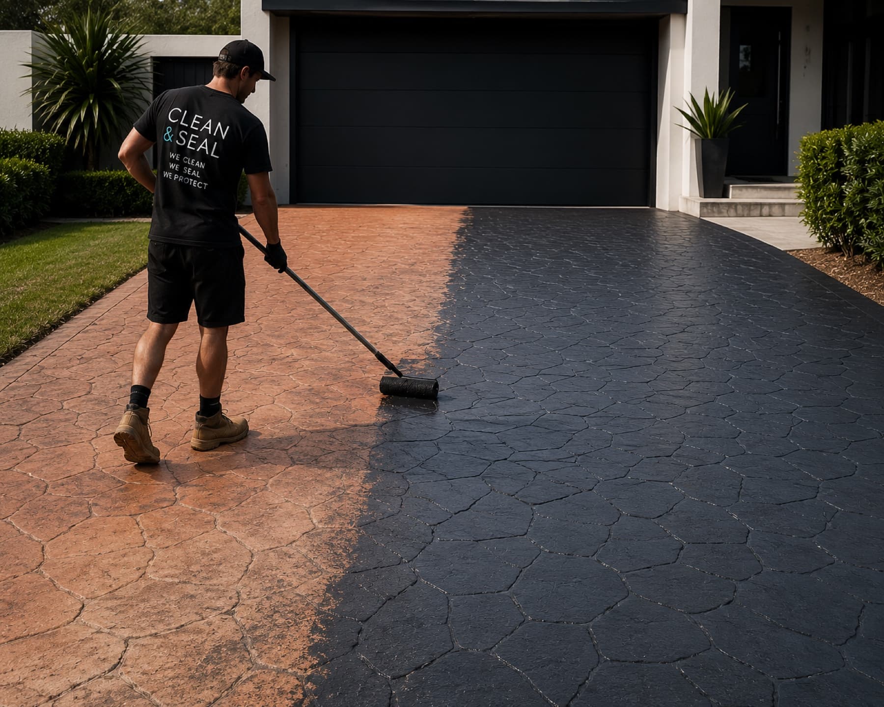A colour seal being rolled onto a stencil driveway, half faded red and half fresh charcoal