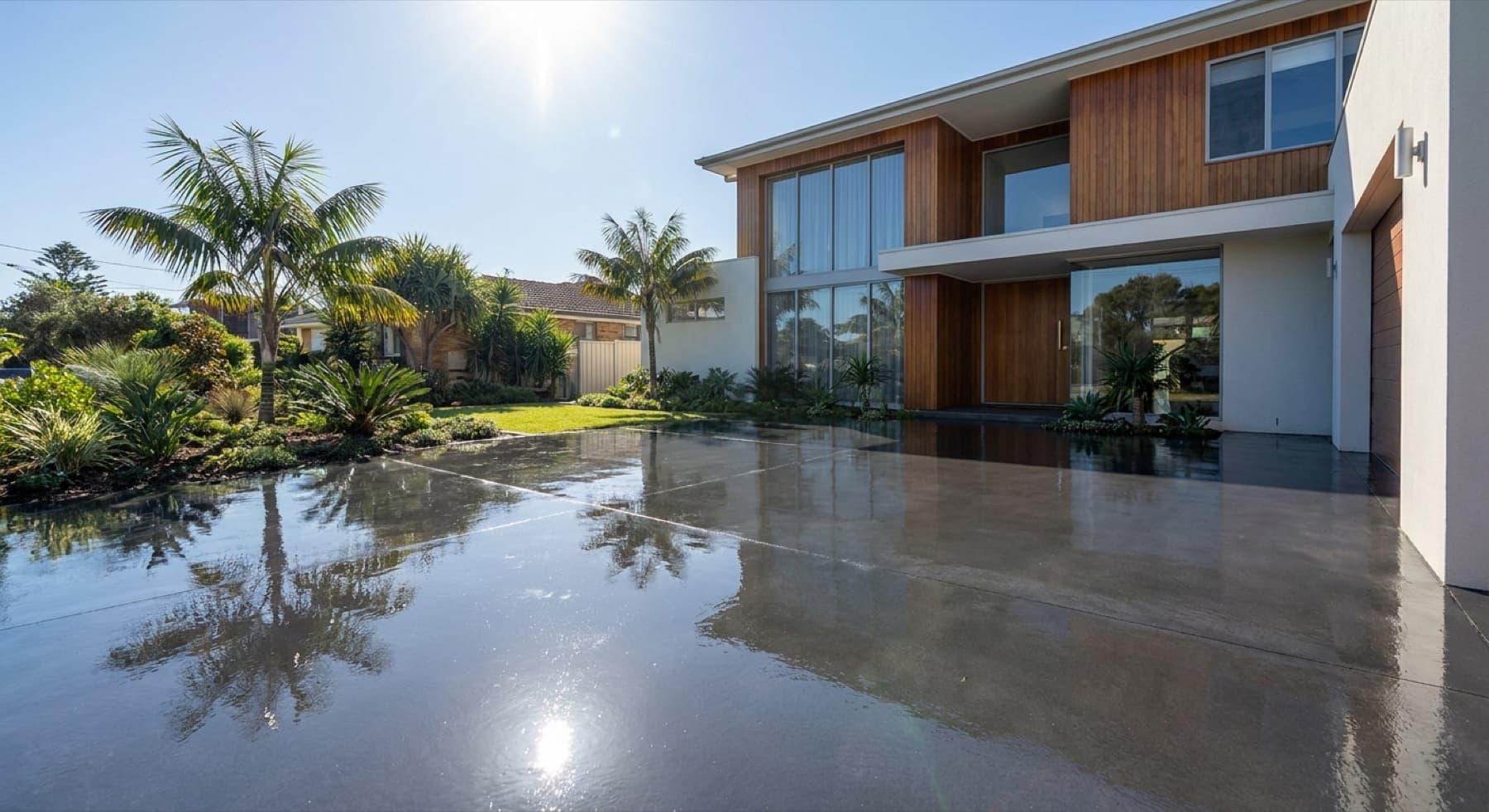 A plain concrete driveway finished with a glossy wet-look clear seal