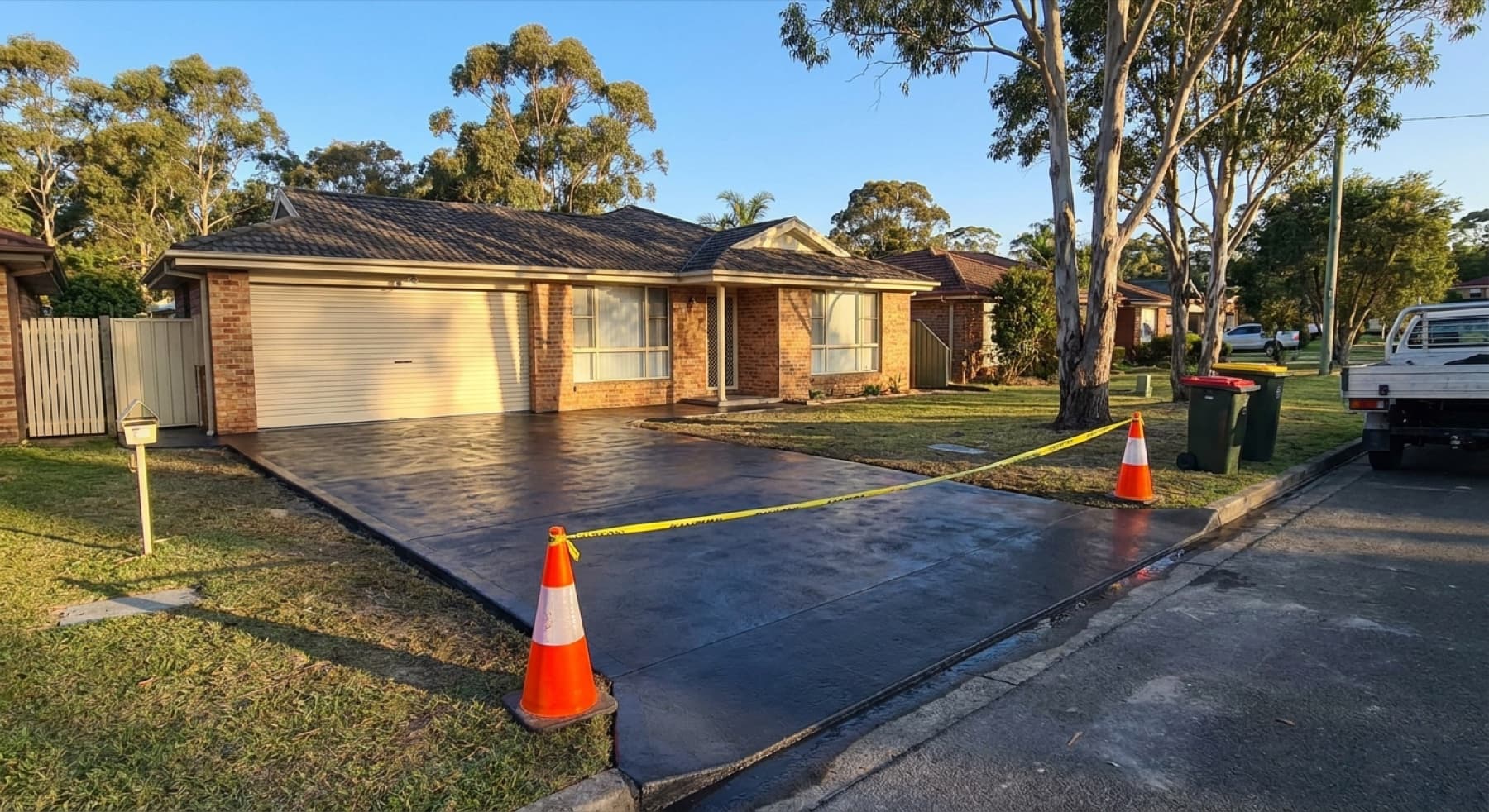 A freshly sealed charcoal driveway taped off with cones to cure
