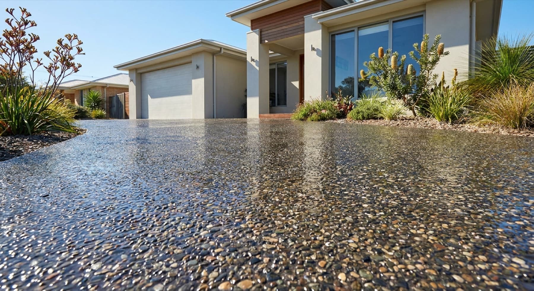 An exposed aggregate driveway sealed to a rich wet-look finish on the Central Coast