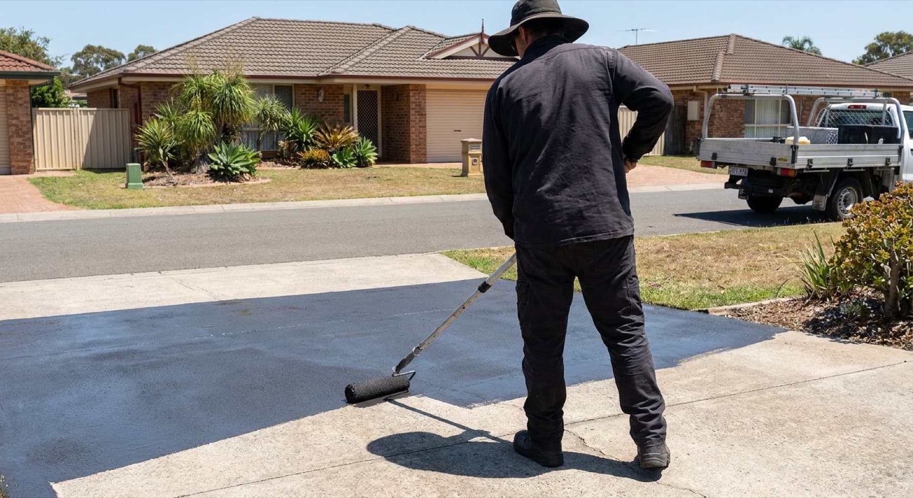 A charcoal colour seal being rolled evenly onto a concrete driveway