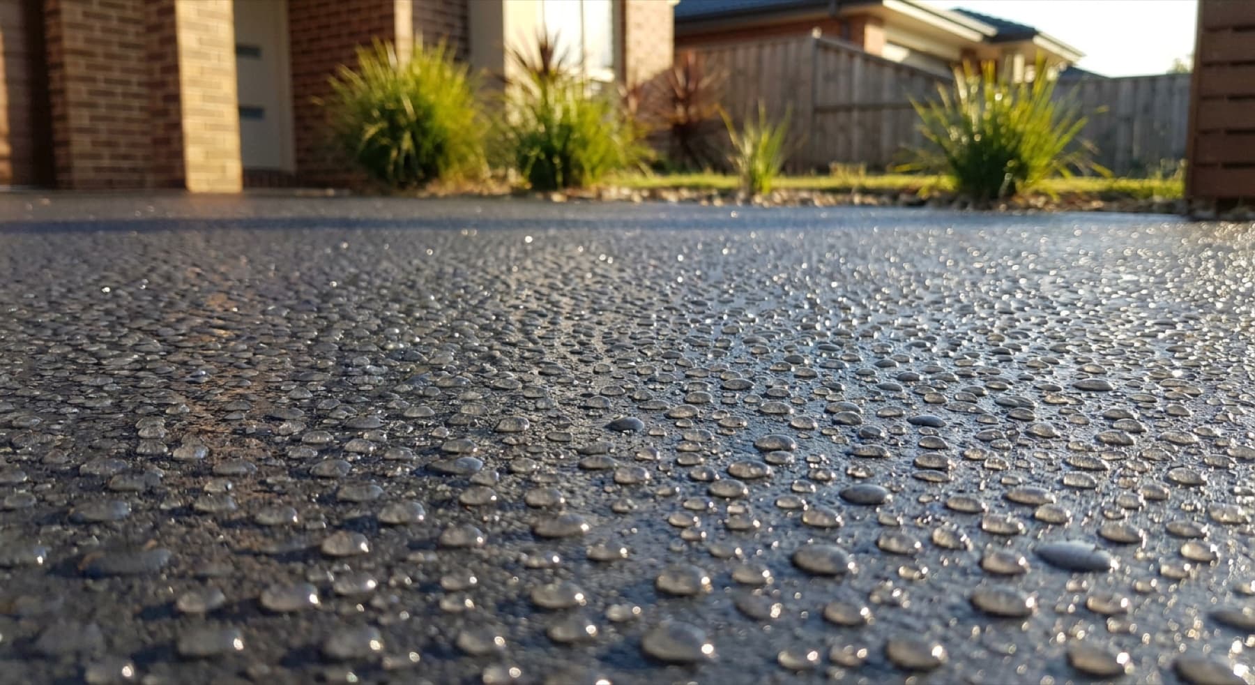 Water beading on a freshly sealed charcoal driveway — the sign of a healthy seal