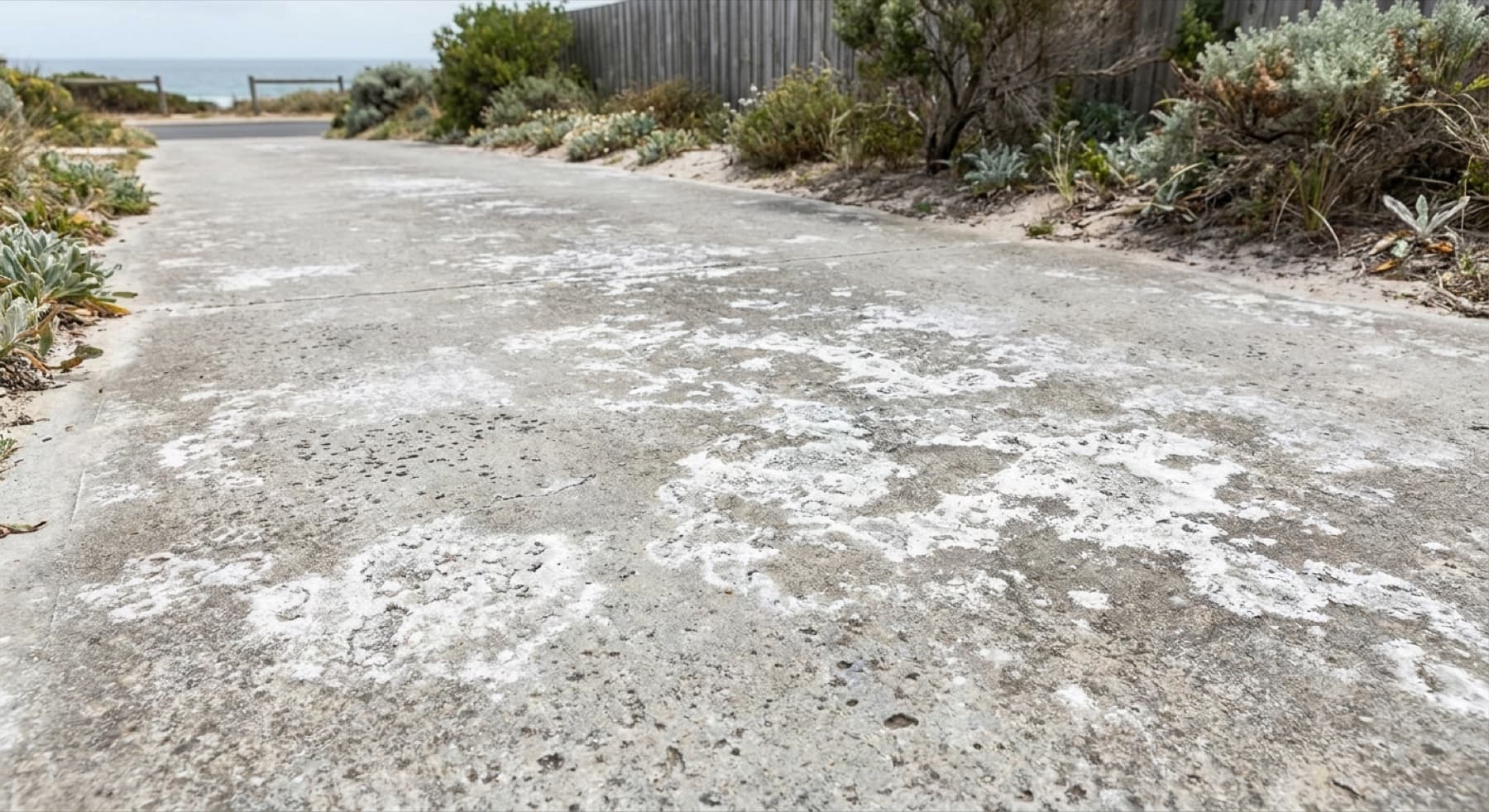 White efflorescence salt deposits on a faded coastal concrete driveway
