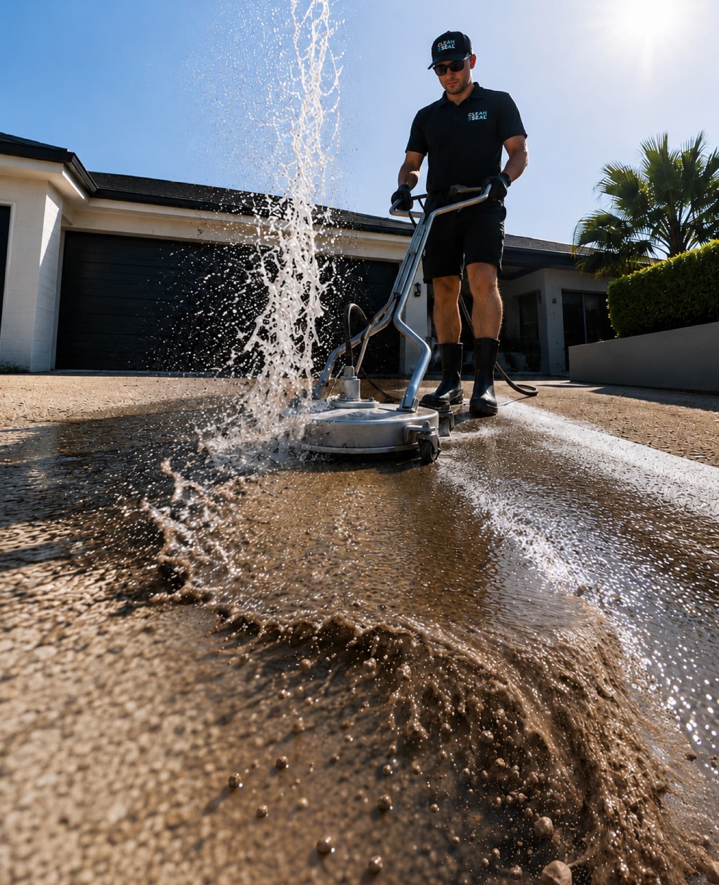 A Clean & Seal operator surface-cleaning a concrete driveway
